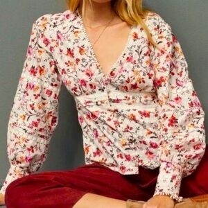 Anthropologie Cream Floral Puff Sleeve Lace-Trim Peasant Blouse Size 10